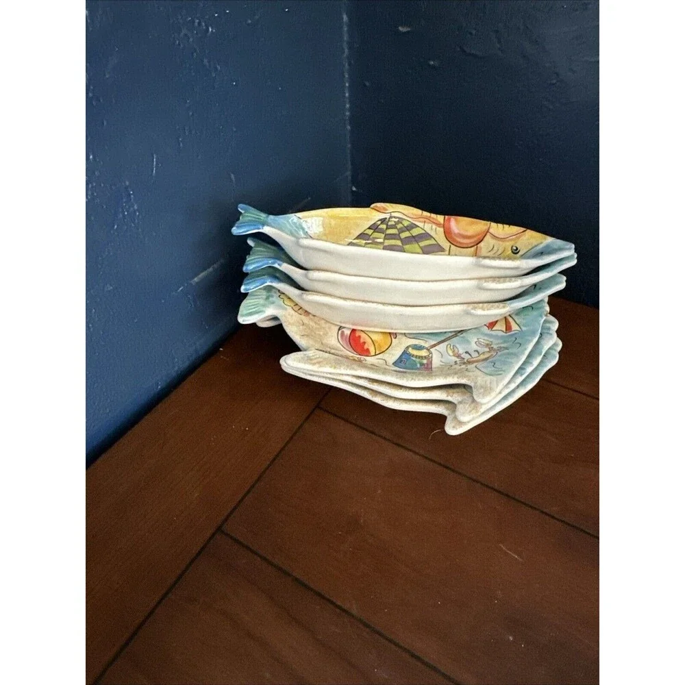 Rare Ambiance Collection Life’s A Beach Fish Shaped Plates And Bowls Set of 6